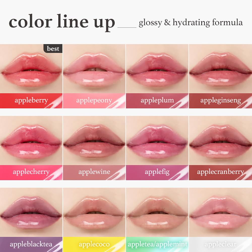 Korean Lip Oil - Appleginseng | Lip Stain, Gift, Long-Lasting, Moisturizing, Plumping, Revitalizing for Dry Lips, Waterproof, No Peel Off, Korean Lip Tint 0.12 Fl Oz
